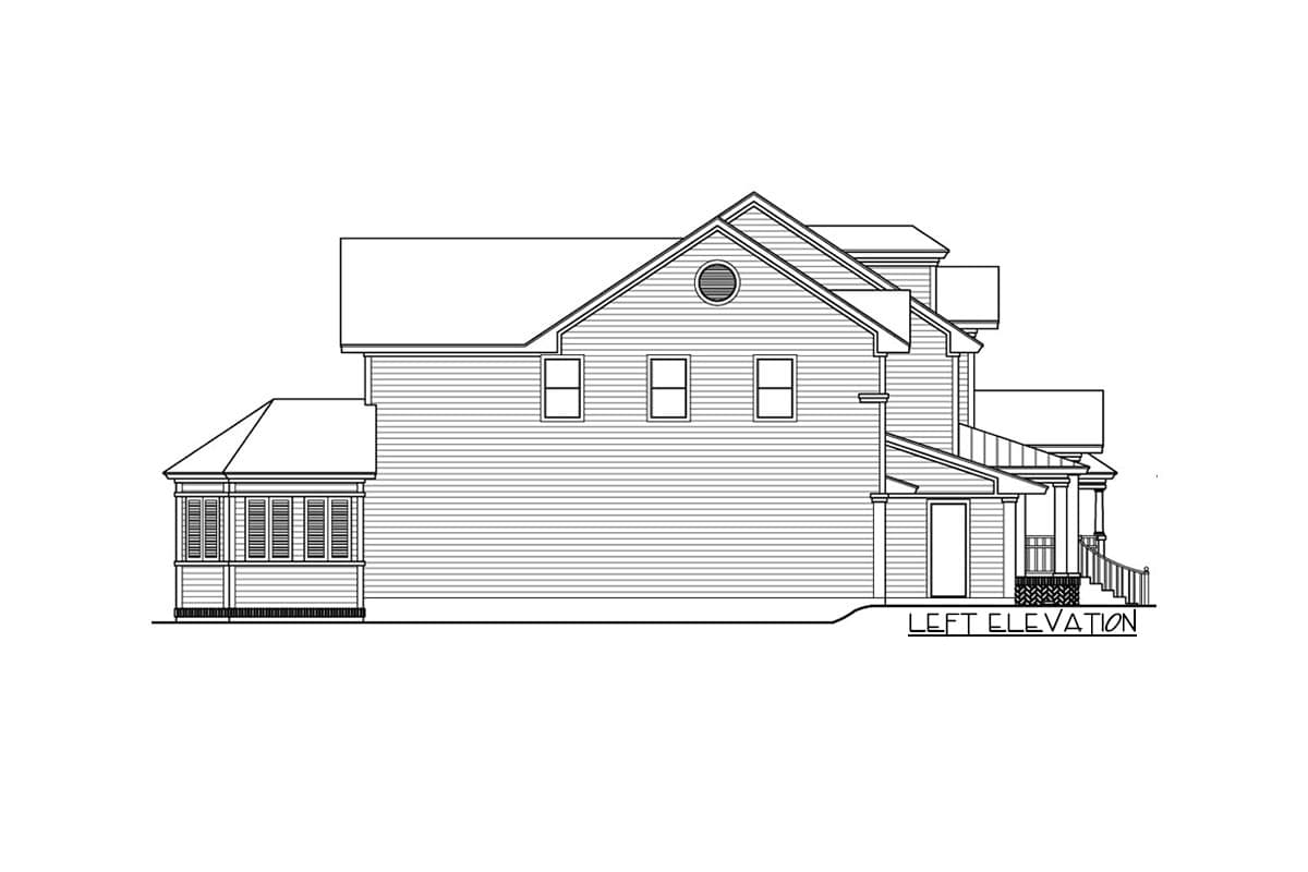 Left elevation drawing of a two-story house with a sunroom, gabled roof, dormer window, and covered porch.