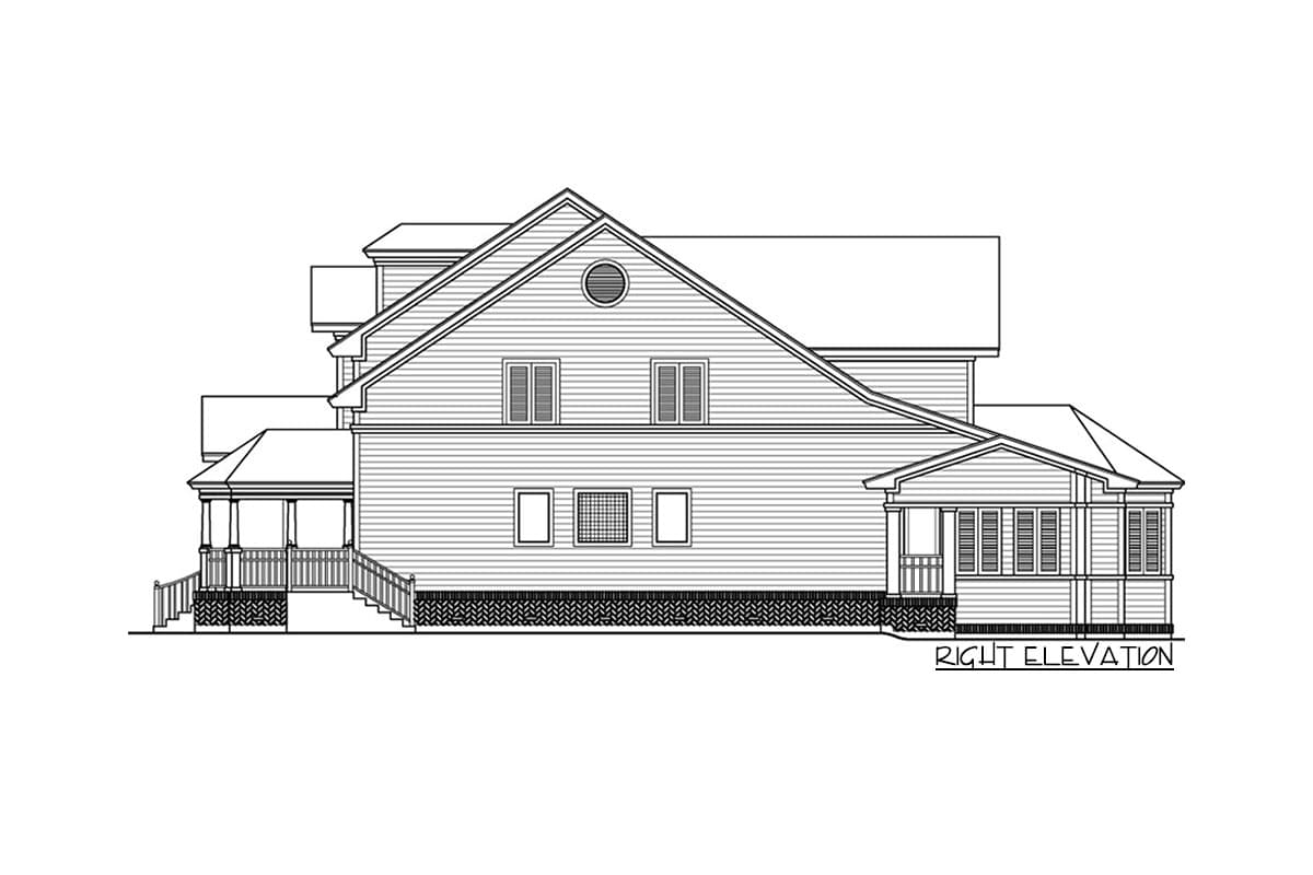 Right elevation house plan showing a multi-story home with gables, dormers, a wraparound porch, and a sunroom.