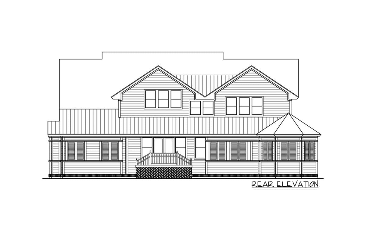 Rear elevation house plan showing a two-story house with a porch, gables, dormers, and a bay window.