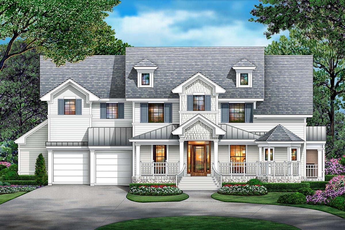 House plan exterior. Two-story with Craftsman style, front porch, dormers, and a gabled roof. Attached two-car garage visible.