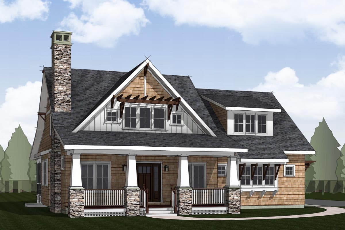 House plan exterior. Craftsman style with a stone chimney, covered porch with columns, and a gabled roof with dormers.