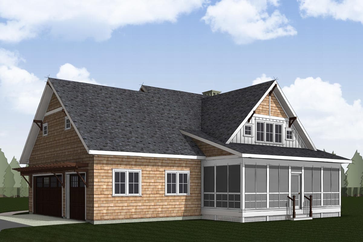 House plan exterior with cedar shingles, gabled roof, two-car garage, and screened-in porch.