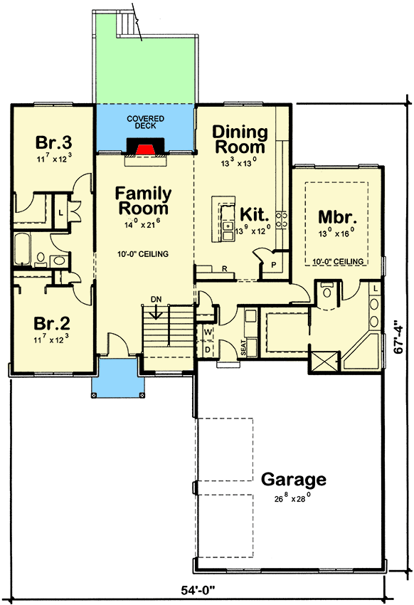 Plan 42654DB: 3-Bed Ranch House Plan with Rear Deck - Floor Plan - Main Level - Country, Craftsman, Ranch, Traditional