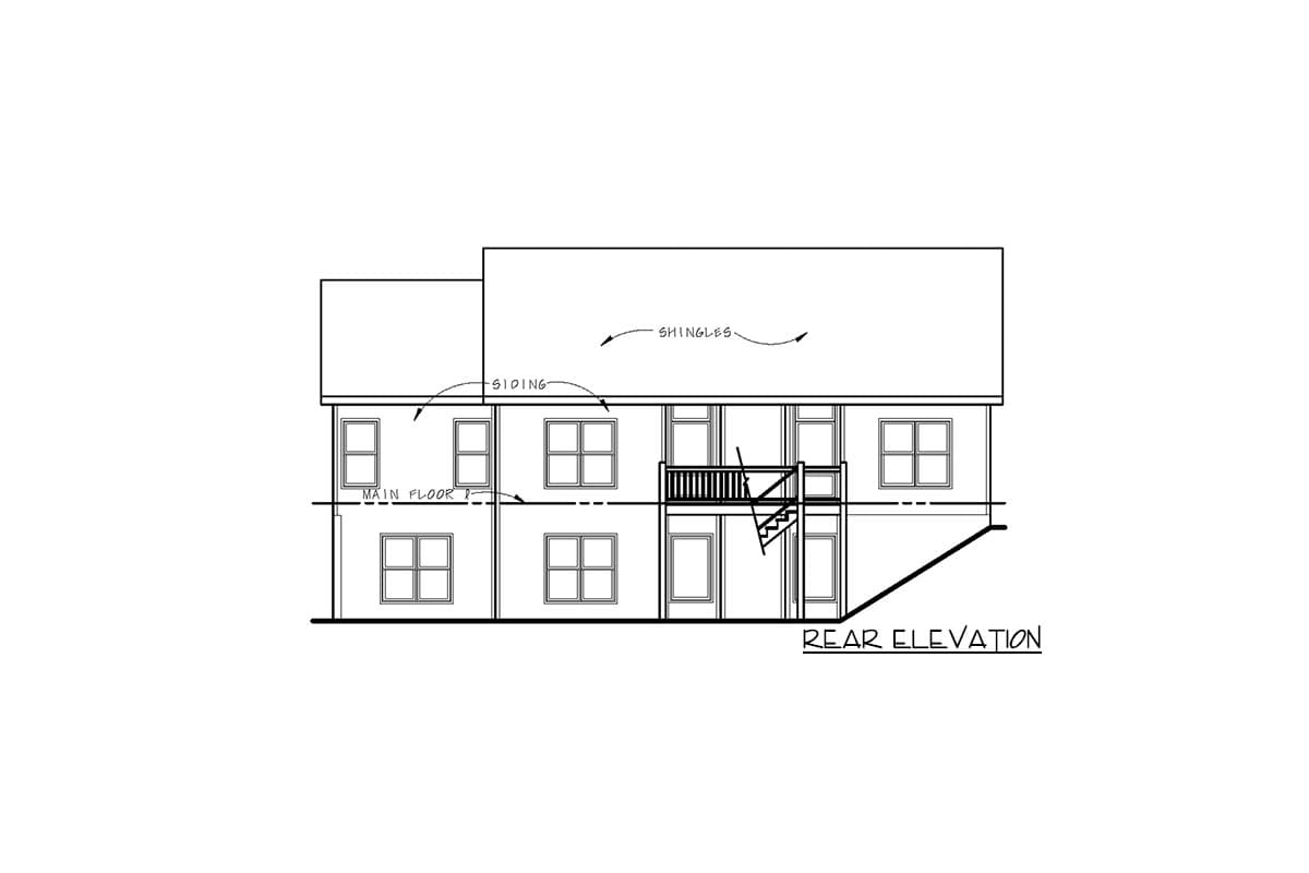 Rear elevation drawing of a house plan with siding, shingles, multiple windows, and a deck with stairs.