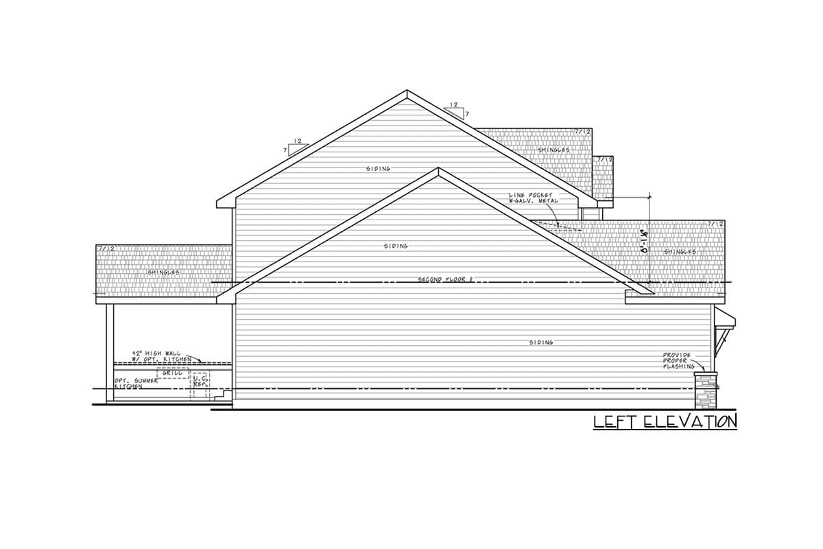 Left elevation house plan showing siding, shingles, gabled roofs, and an optional summer kitchen.