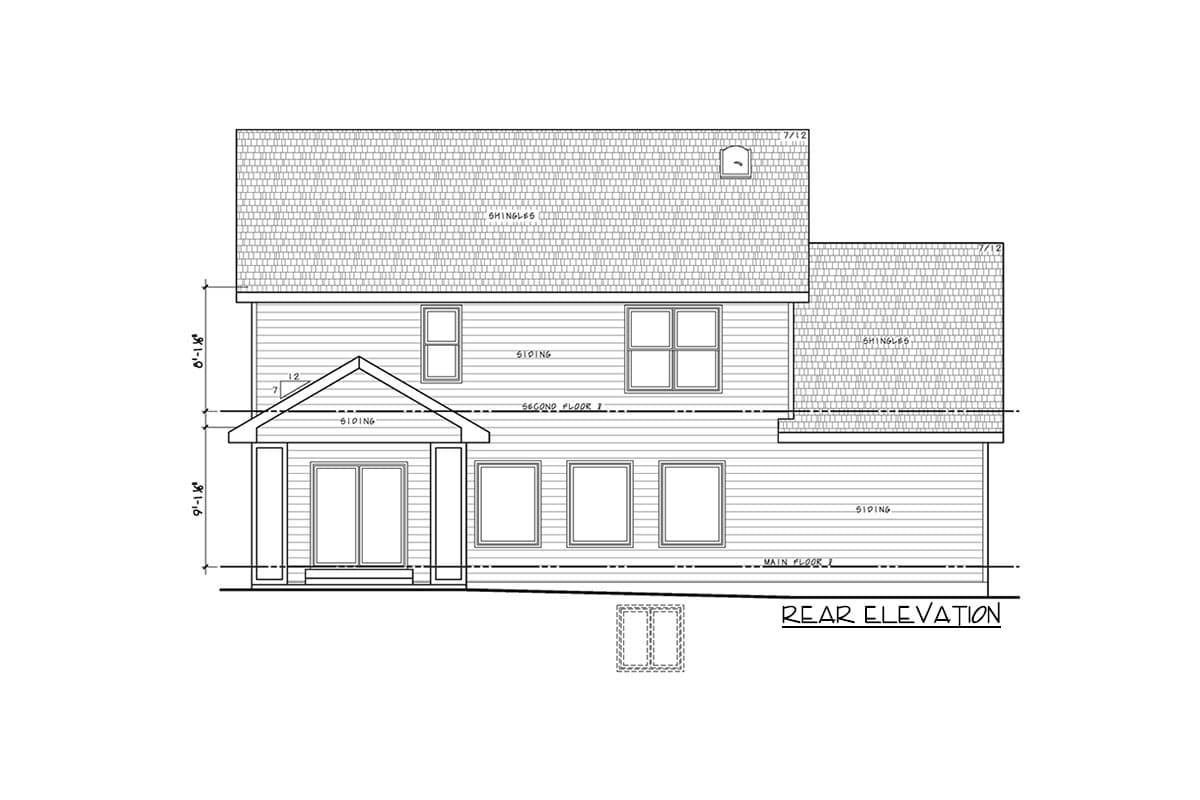 Rear elevation house plan showing a two-story structure with a gabled porch, multiple windows, and shingled roof.
