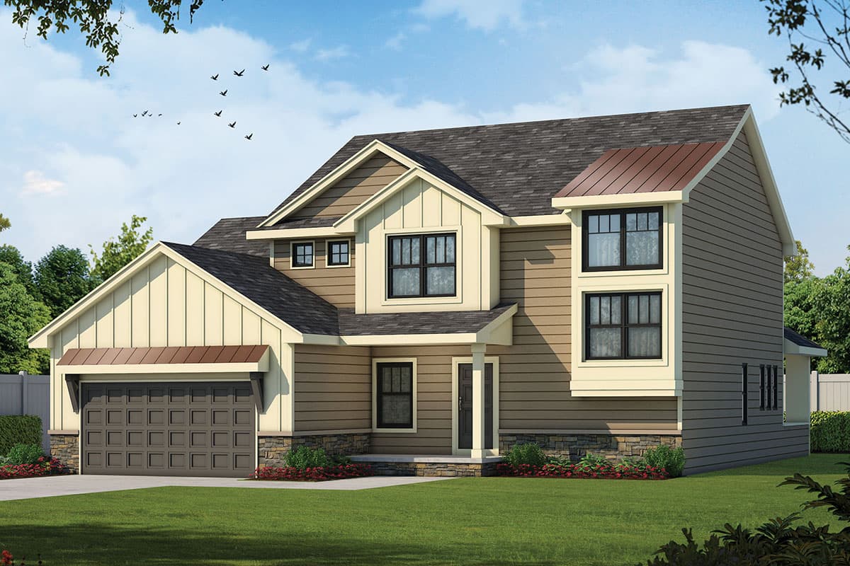 House plan exterior. Two-story home with Craftsman-style elements, multiple gables, a covered entry, and an attached garage.