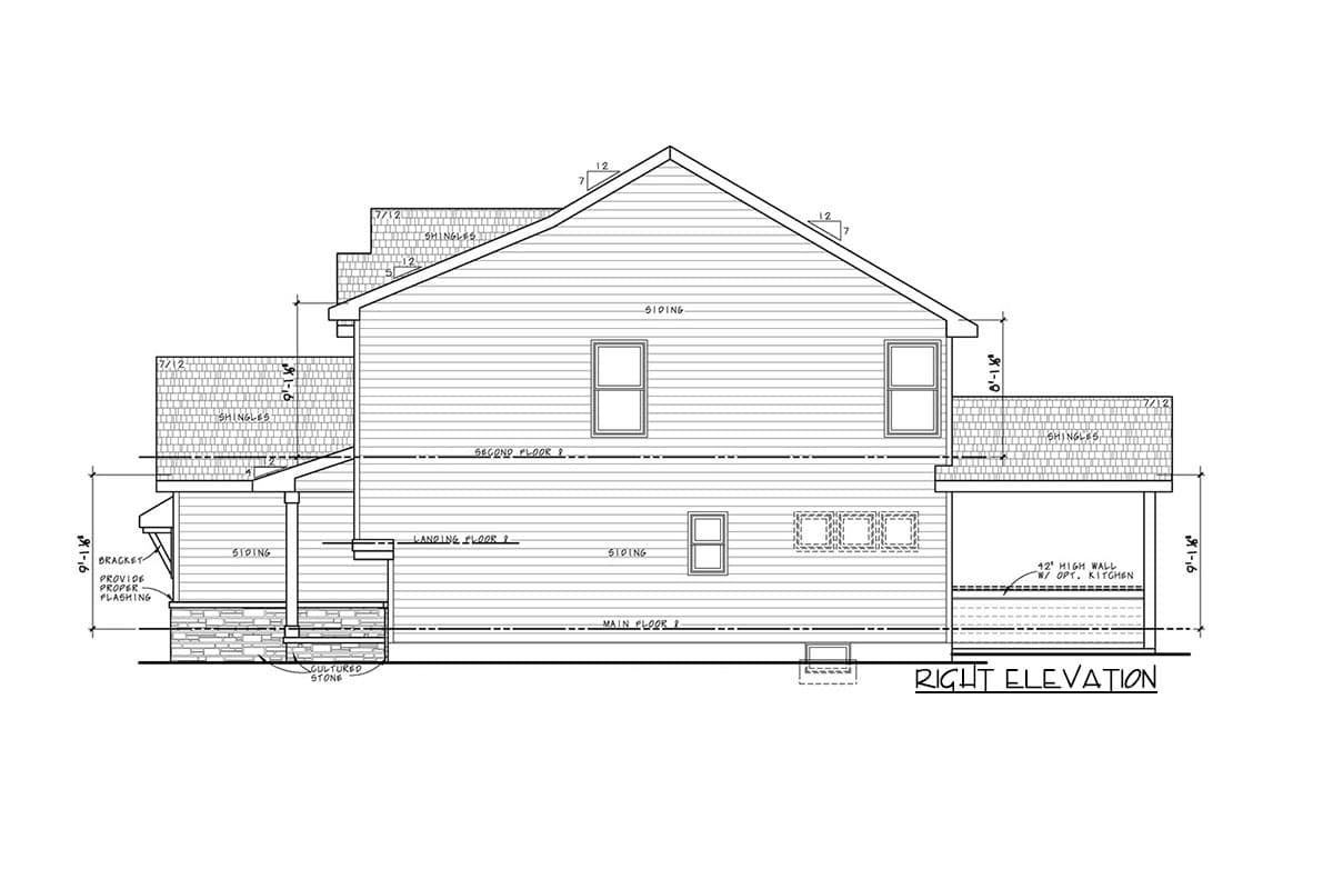 Right elevation of a two-story house plan with siding, gables, a dormer, and a covered porch with cultured stone.