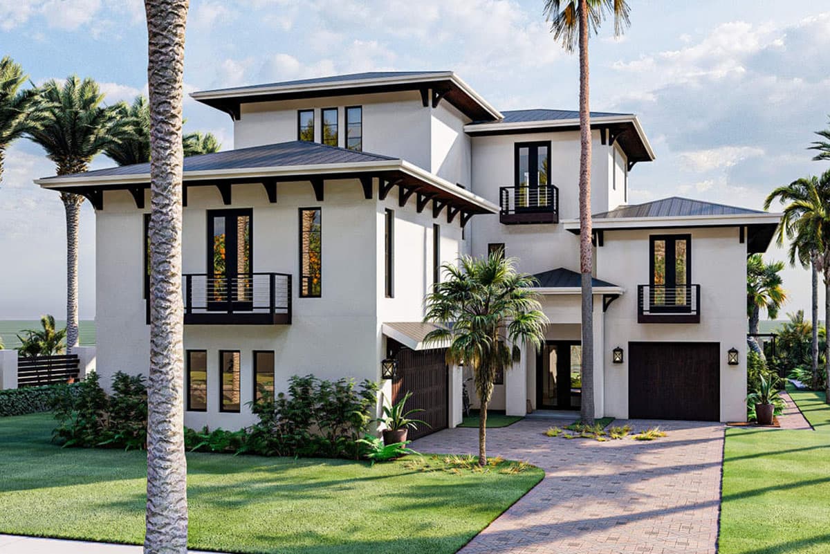 House plan exterior. Two-story Modern house with a hipped roof, balconies, and a two-car garage. Features stucco siding and dark trim.