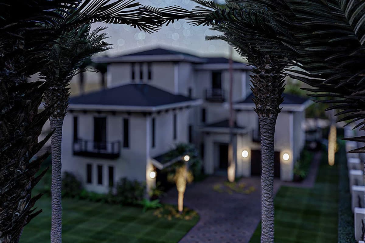 House plan exterior of a two-story Mediterranean style home with dark tile roof, balconies, and stucco walls.