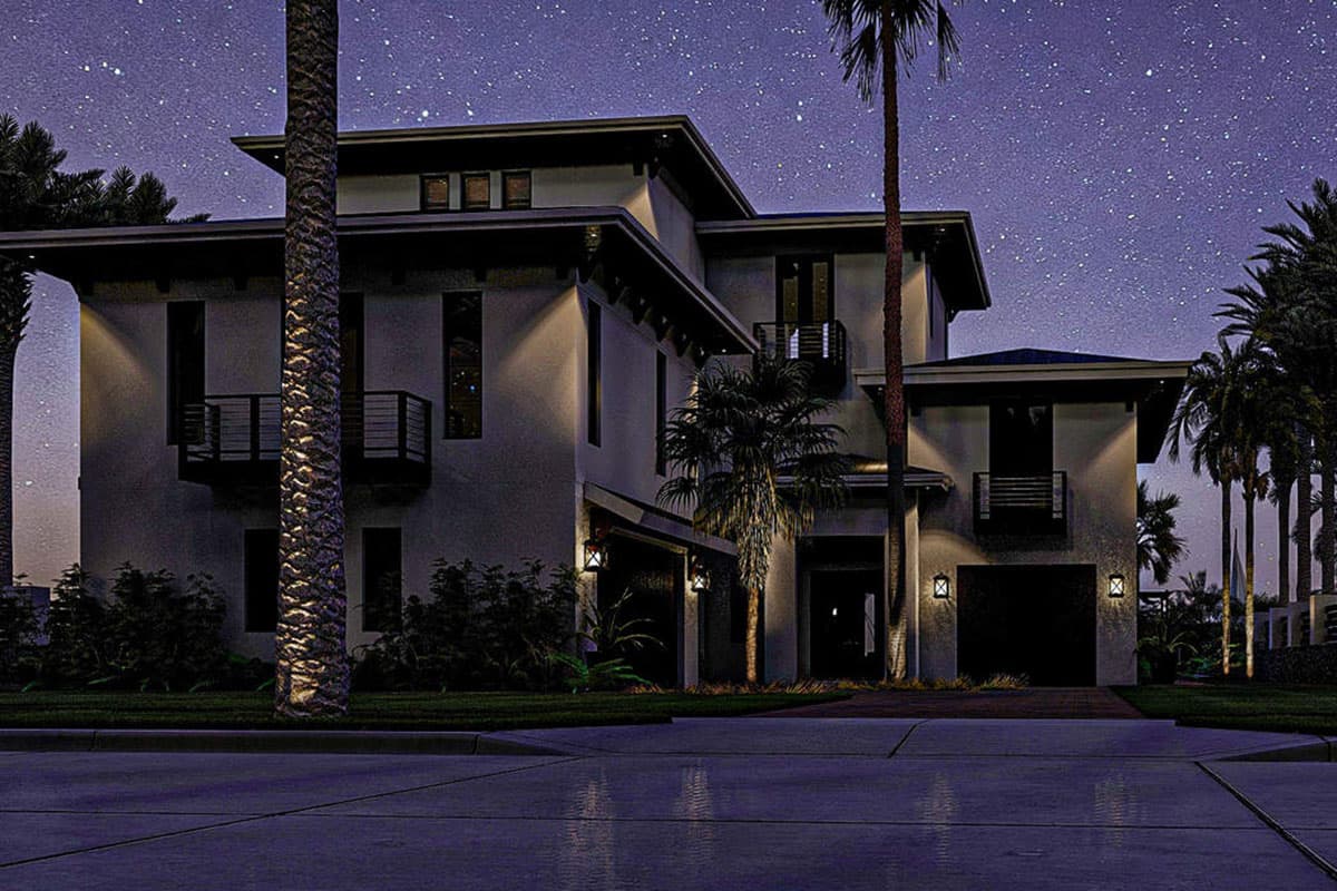 Modern house plan exterior, two stories, flat roof, balconies, and a prominent garage.