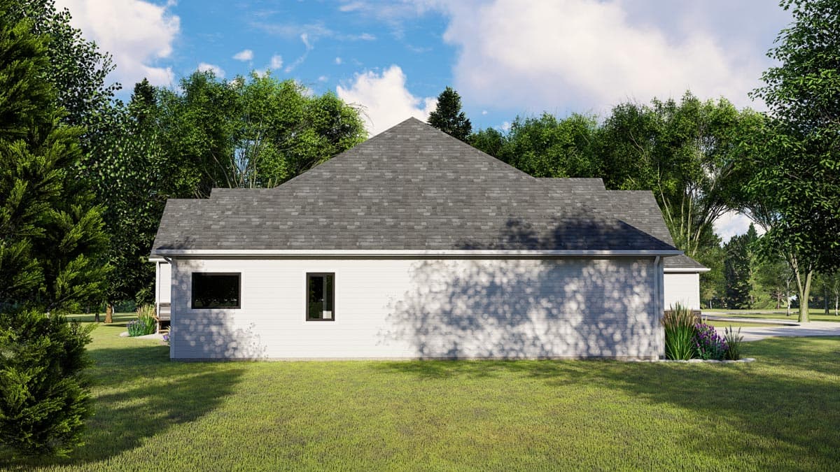 House plan exterior: single-story home with a prominent gable roof, horizontal siding, and minimal windows.