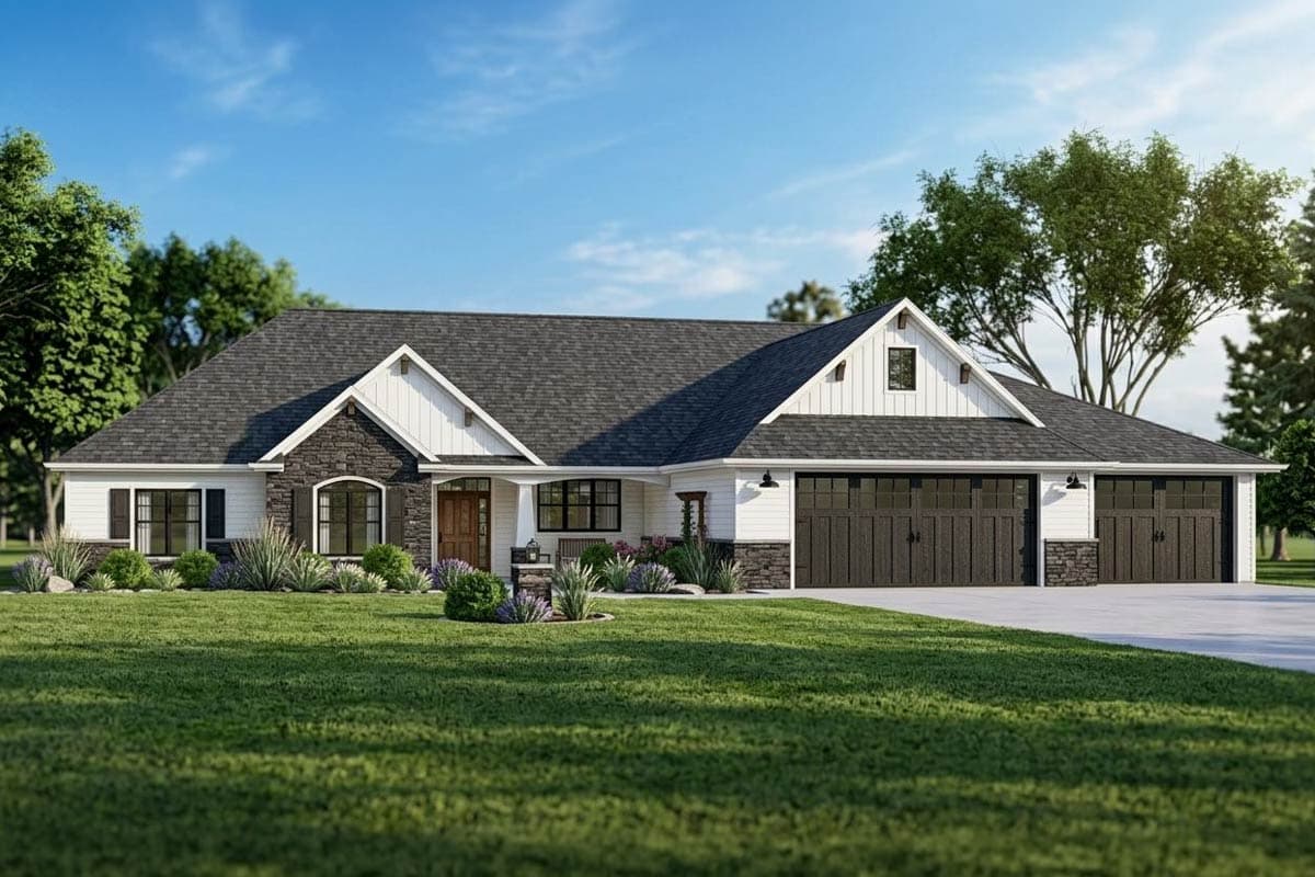 House plan exterior. Ranch-style home with three-car garage, stone accents, and gabled roof. Features include a covered porch and dormer windows.