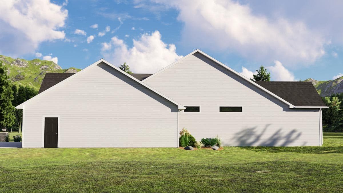 House plan exterior: modern style, single-story, white siding, asymmetrical gables, dark-trimmed horizontal windows, and a single entry door.