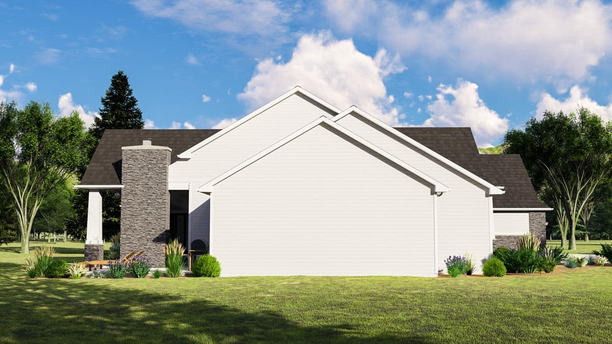 House plan exterior: single-story Modern Farmhouse with gabled roofline, stone chimney, and covered porch.