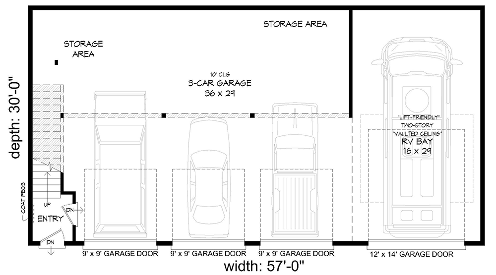 Plan 68688VR: 4-car Garage Apartment with RV Parking - Floor Plan - Main Level - Carriage, Contemporary, Rustic