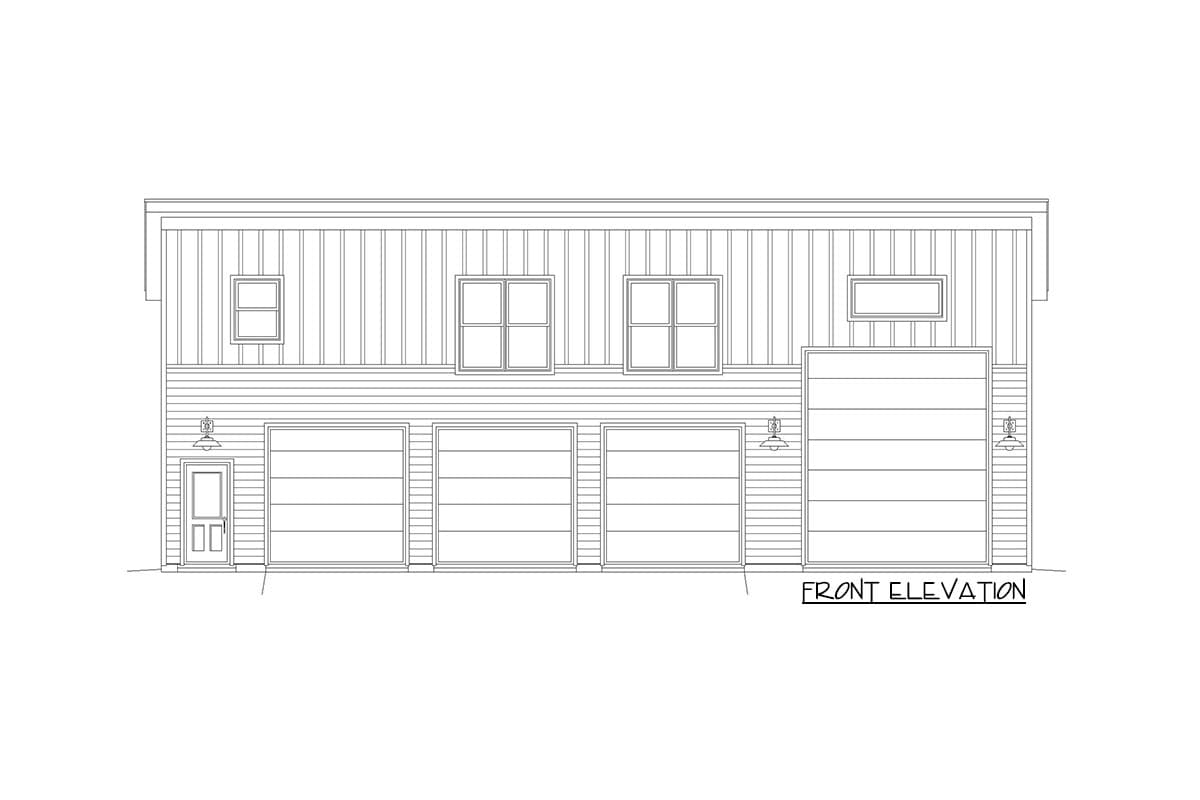 Front elevation drawing of a house plan featuring four garage doors, a single entry door, and upper-level windows.