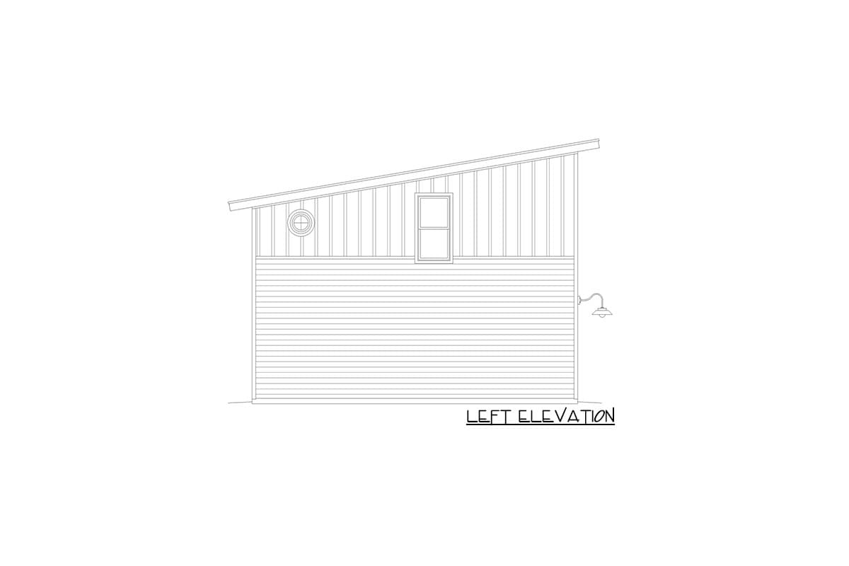 Left elevation drawing of a house with a shed roof, lap siding, a round window, a rectangular window, and an exterior light fixture.