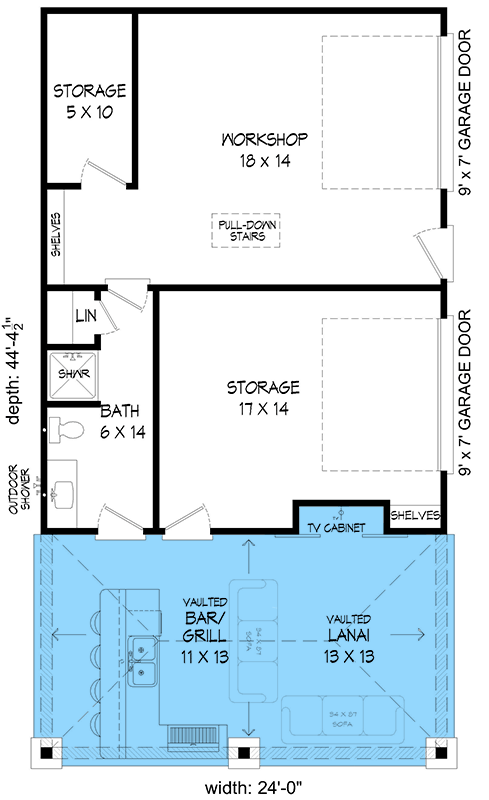 Plan 68689VR: Detached Workshop with Dedicated Storage and Entertainer's Lanai - Floor Plan - Main Level - Traditional