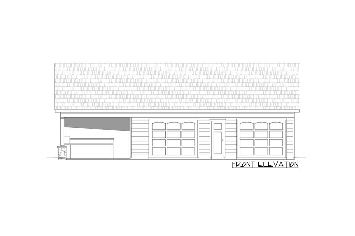 Front elevation drawing of a one-story house plan with two garage doors, one entry door, and a covered patio.