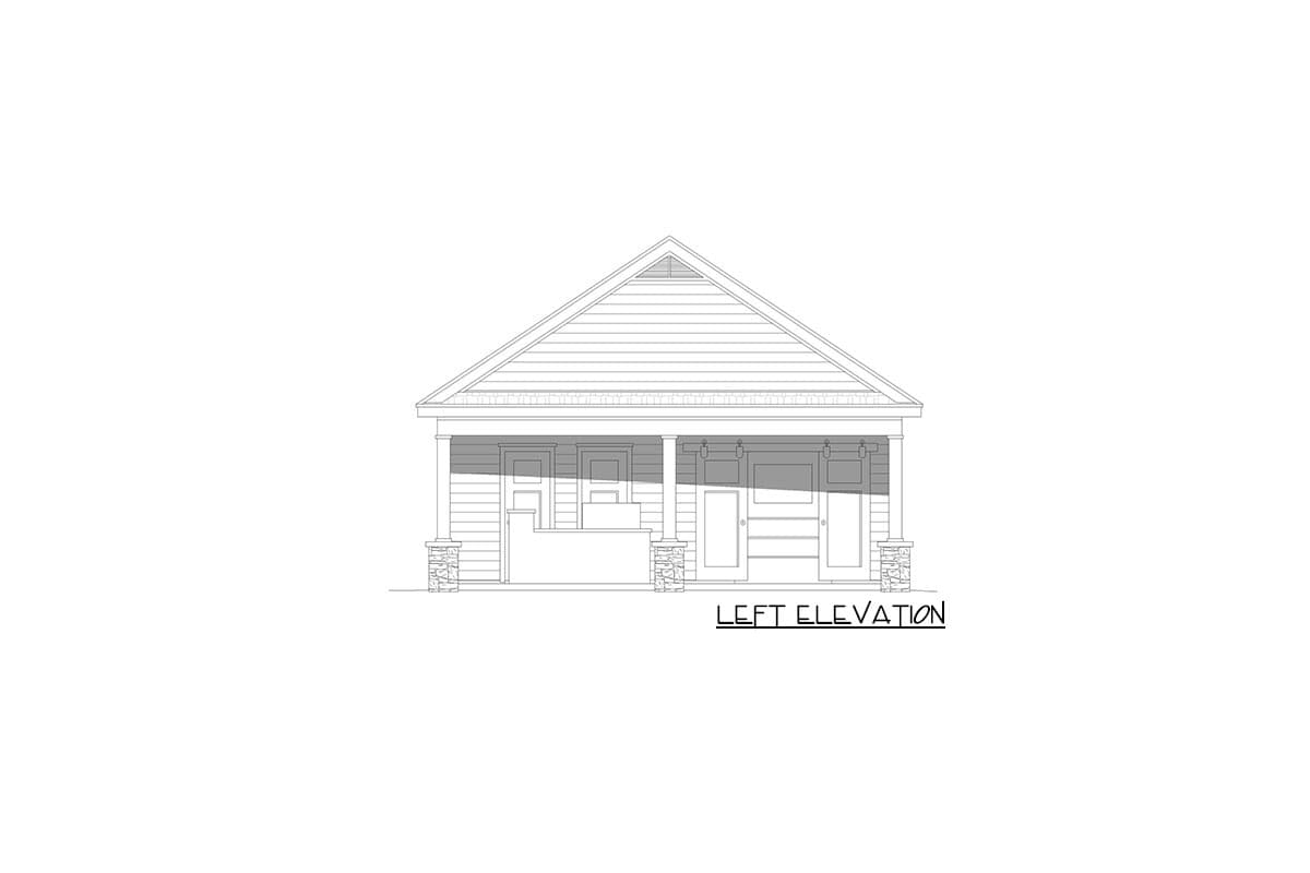 Left elevation house plan showing a gabled roof, porch with stone-clad columns, and two doors.
