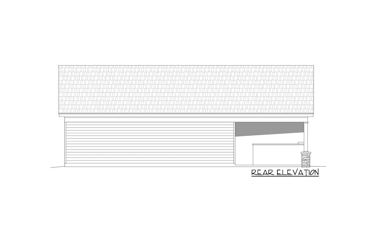 Rear elevation drawing of a house with horizontal siding, a gable roof, and a covered porch with stone-clad columns.