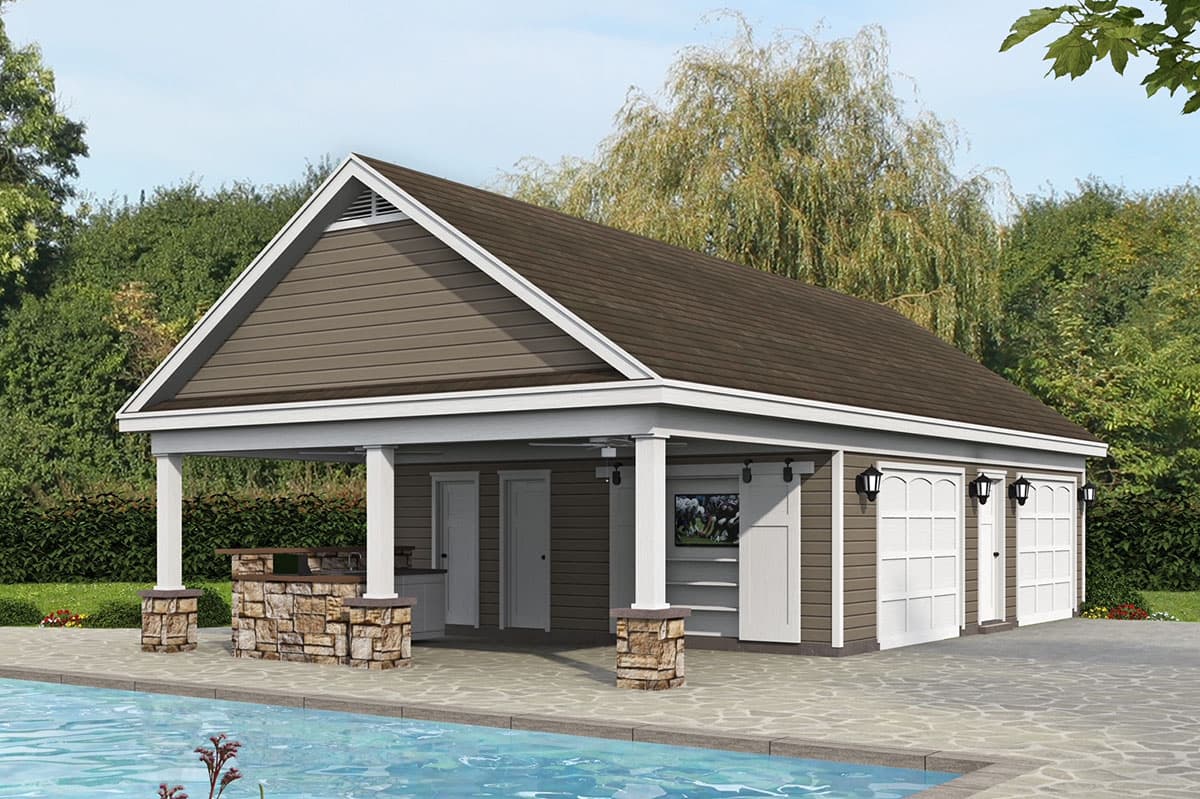 House plan exterior. Brown shingle roof, gabled roofline, open porch with stone pillars, and multiple garage doors visible.