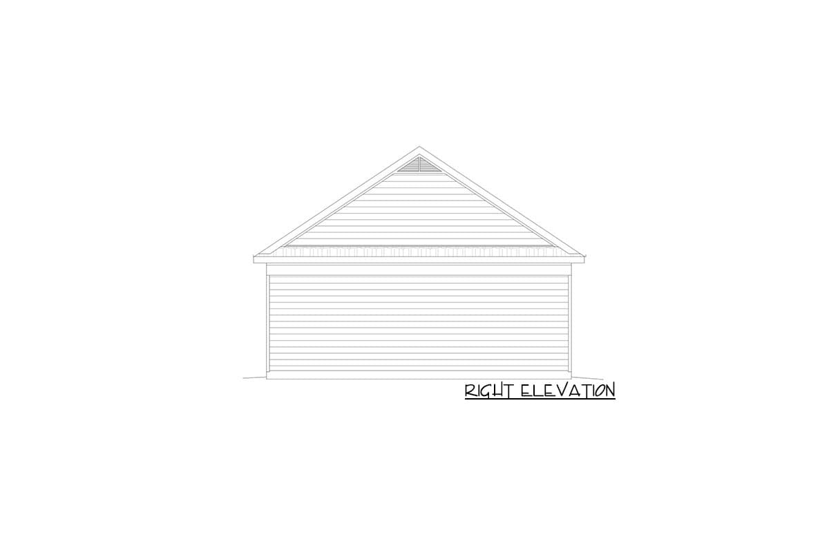 Right elevation drawing of a house with horizontal siding, a gable roof, and a louvered vent in the gable.