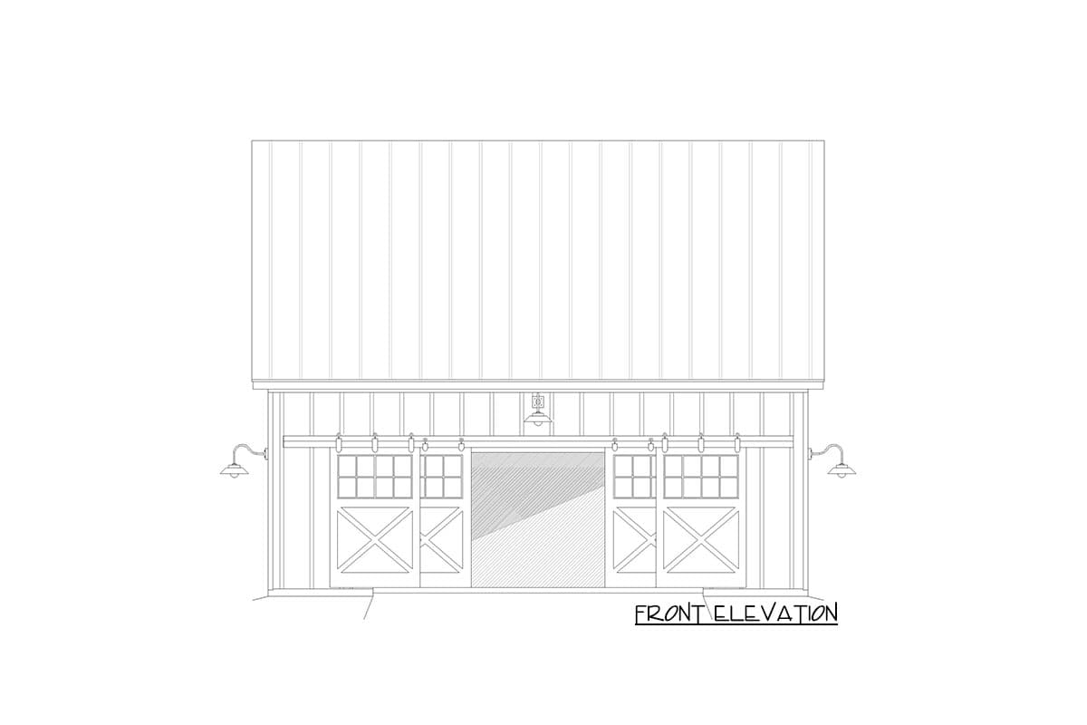 Front elevation drawing of a barn-style structure with a metal roof, board and batten siding, and two large sliding doors with cross bracing.