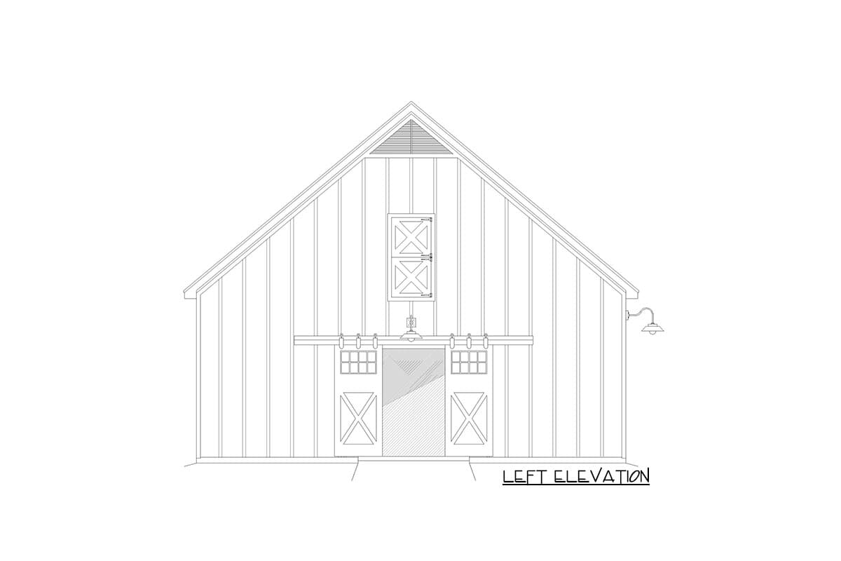 Left elevation drawing of a barn with vertical siding, gable roof, double barn doors, and a small window.