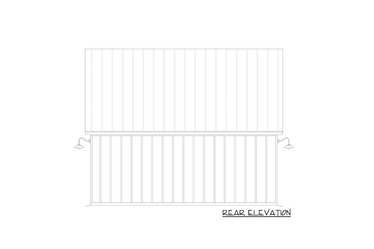 Rear elevation drawing of a house showing vertical siding and two exterior sconces.