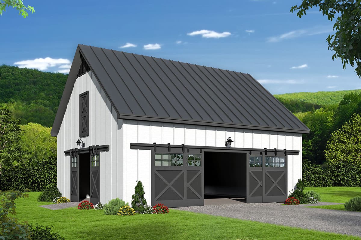 House plan exterior. Modern farmhouse style with a single story, metal roof, sliding barn doors, and gable roofline.