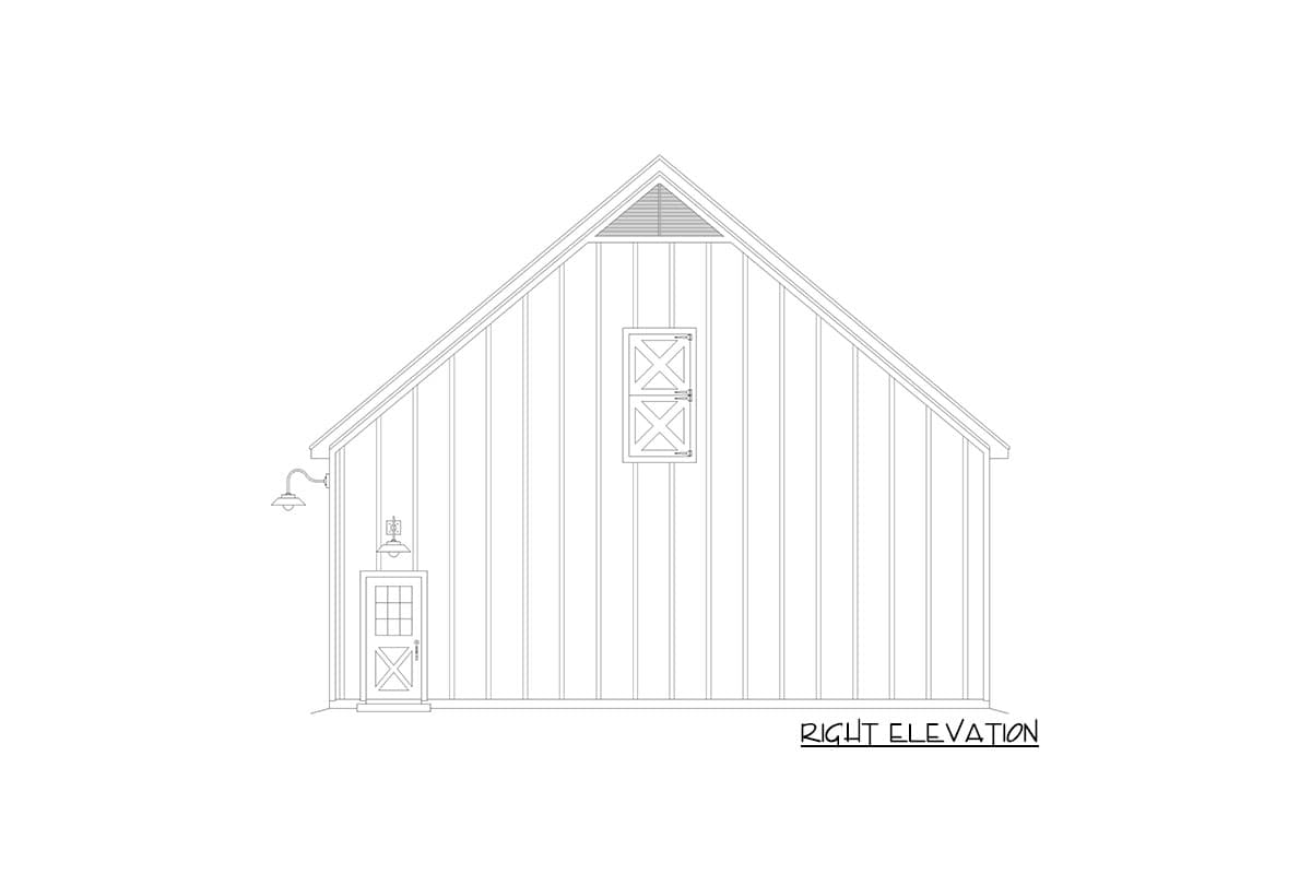 Right elevation drawing of a house plan featuring vertical siding, a gable roof, a dormer window, and a single door with a transom light.