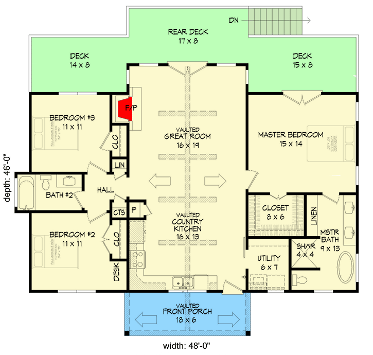 Plan 68691VR: 3-Bed House Plan with Vaulted Interior - 1368 Sq Ft - Floor Plan - Main Level - Country