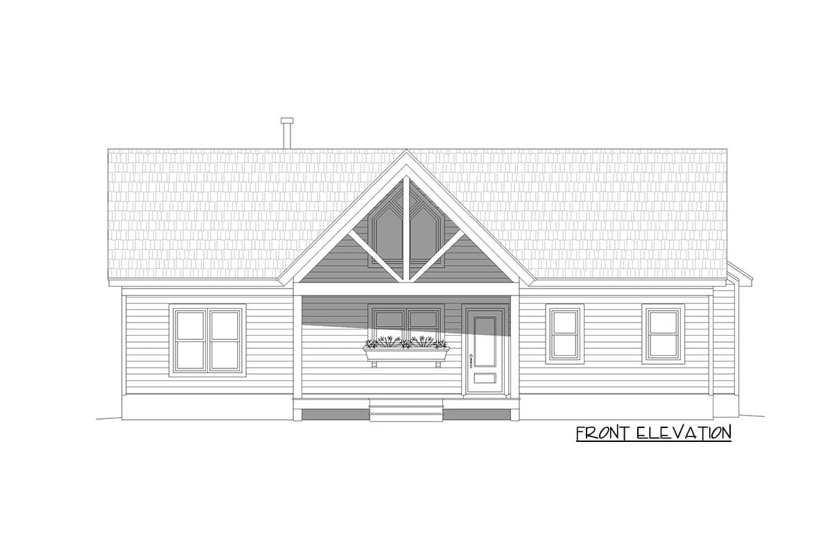 Front elevation drawing of a house plan with a covered porch, gabled roof, and decorative gable trim.