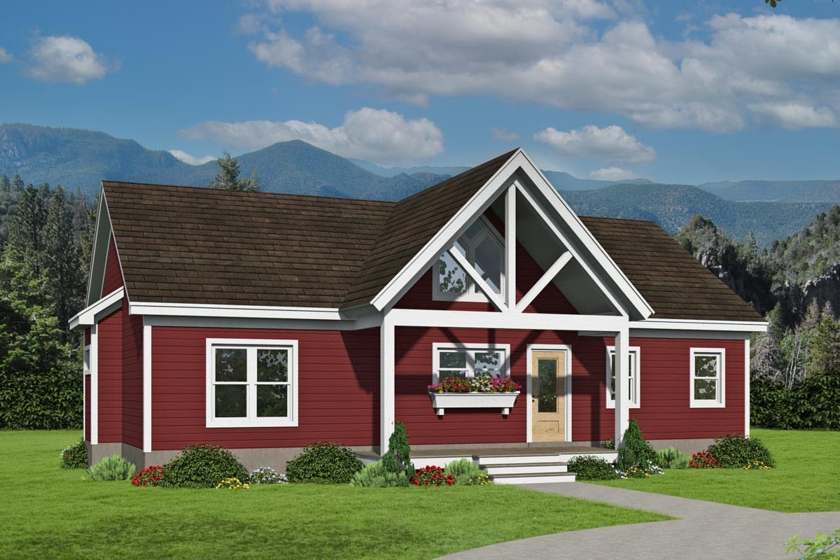 House plan exterior. Ranch style with a single story, gable roof, covered front porch, and decorative window gable feature.