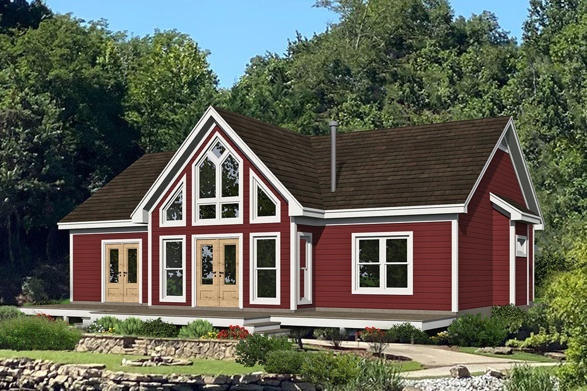 House plan exterior: two-story residence with a steep gable roofline, prominent A-frame window, and covered porch.