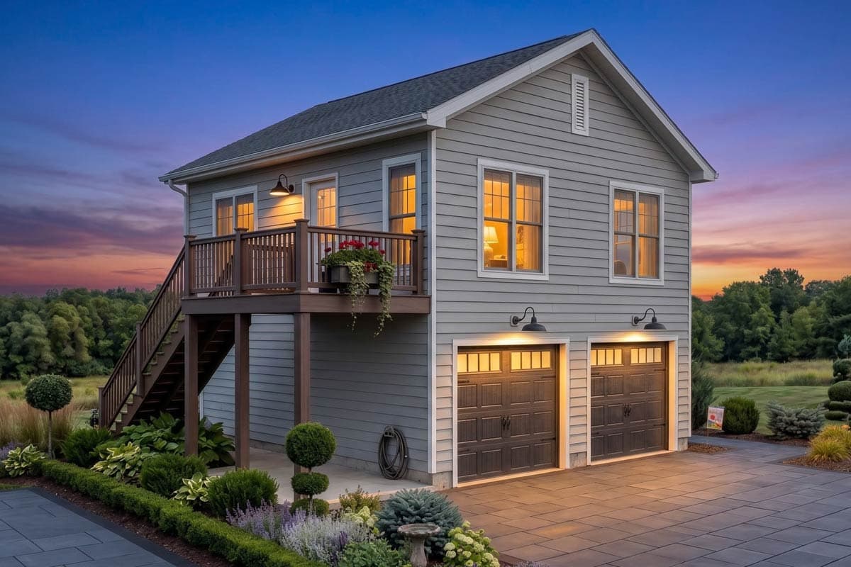 Two-story house plan exterior with a deck, gabled roof, and two-car garage. Exterior features include a staircase to the deck.