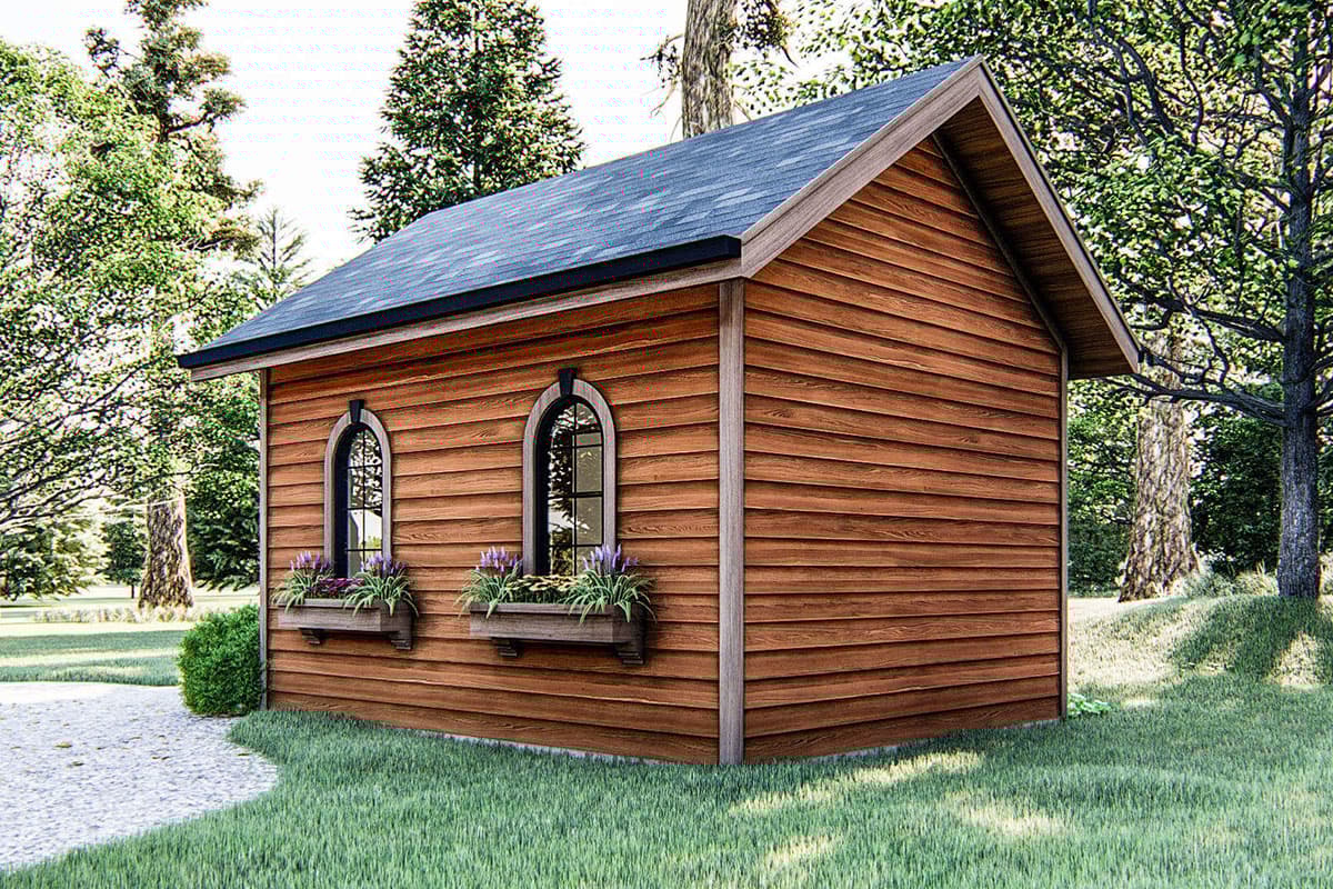 House plan exterior with horizontal siding, gambrel roof, and two arched windows with flower boxes.