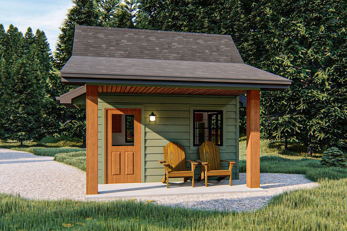 House plan exterior with a single story, shed roof, and covered porch. Features include wooden columns and a centered door.
