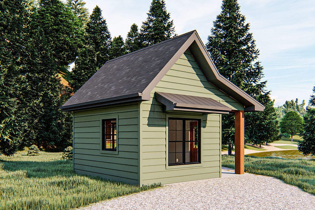 House plan exterior: Modern one-story home with horizontal siding, gabled roof, and a single wooden support post for an overhang.
