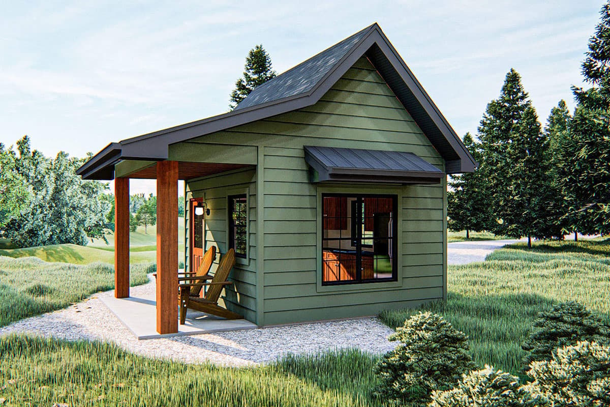 House plan exterior of a single-story modern cabin with a covered porch, gabled roof, and horizontal siding.