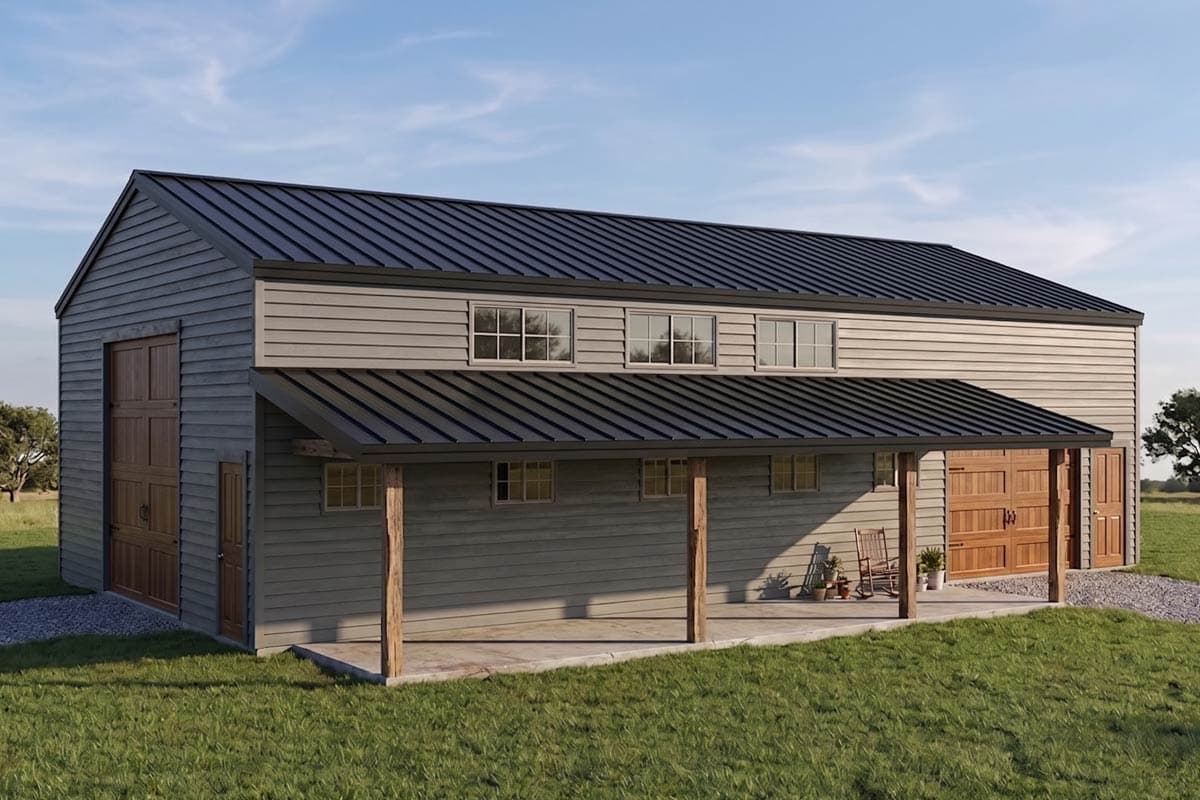 House plan exterior with modern barn-style design, single story, and covered porch. Features include a large garage door, and a shed-style roof.