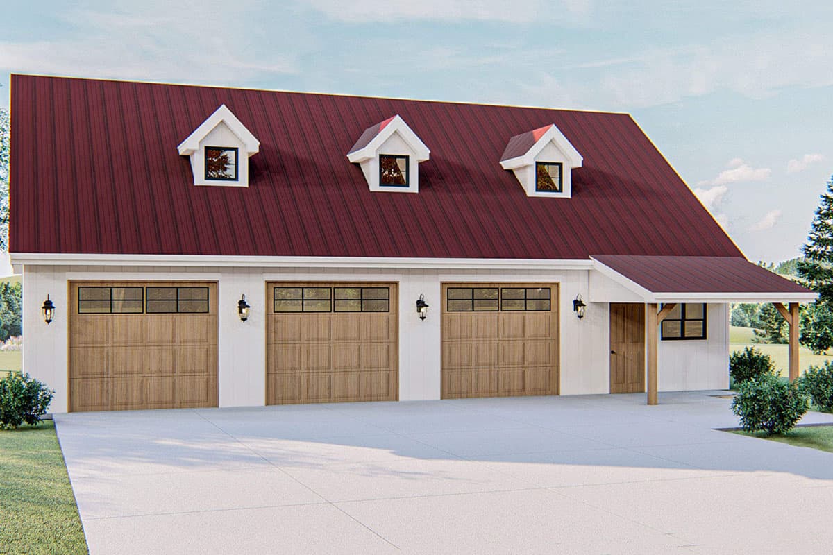 House plan exterior with a red metal roof, three dormers, white siding, and three garage doors.