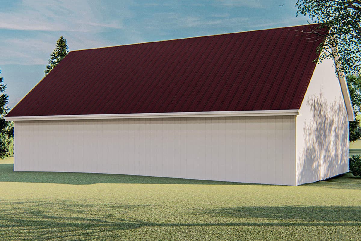 House plan exterior view of a white building with a dark red metal gable roof and siding.