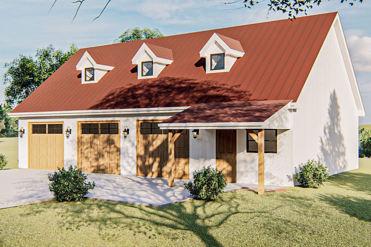 House plan exterior with red metal roof, three dormers, and a covered entry. Features three garage bays with wooden doors.
