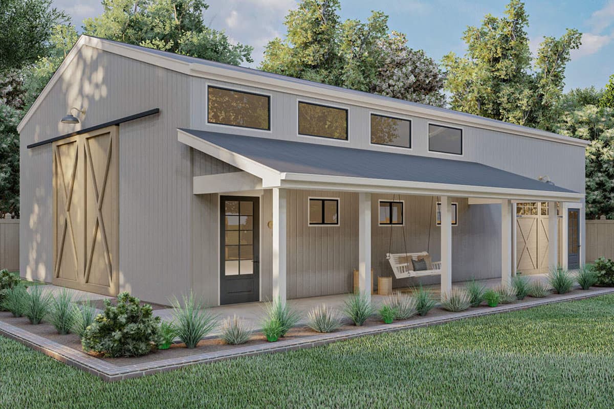 House plan exterior. Two-story barn-style structure with a covered porch and shed roof. Features a large sliding barn door, and a swing.
