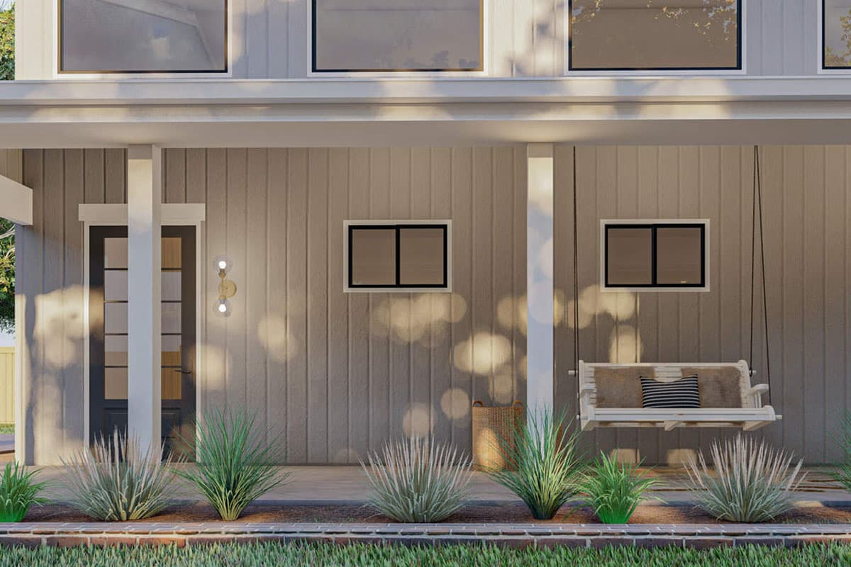 Modern house plan exterior with vertical siding, porch swing, and horizontal upper windows.