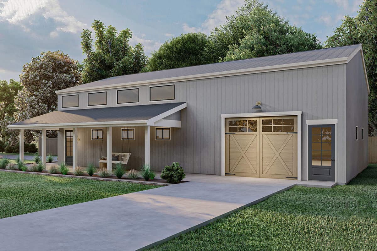 Modern house plan exterior with covered porch, two-car garage, and upper-level clerestory windows.