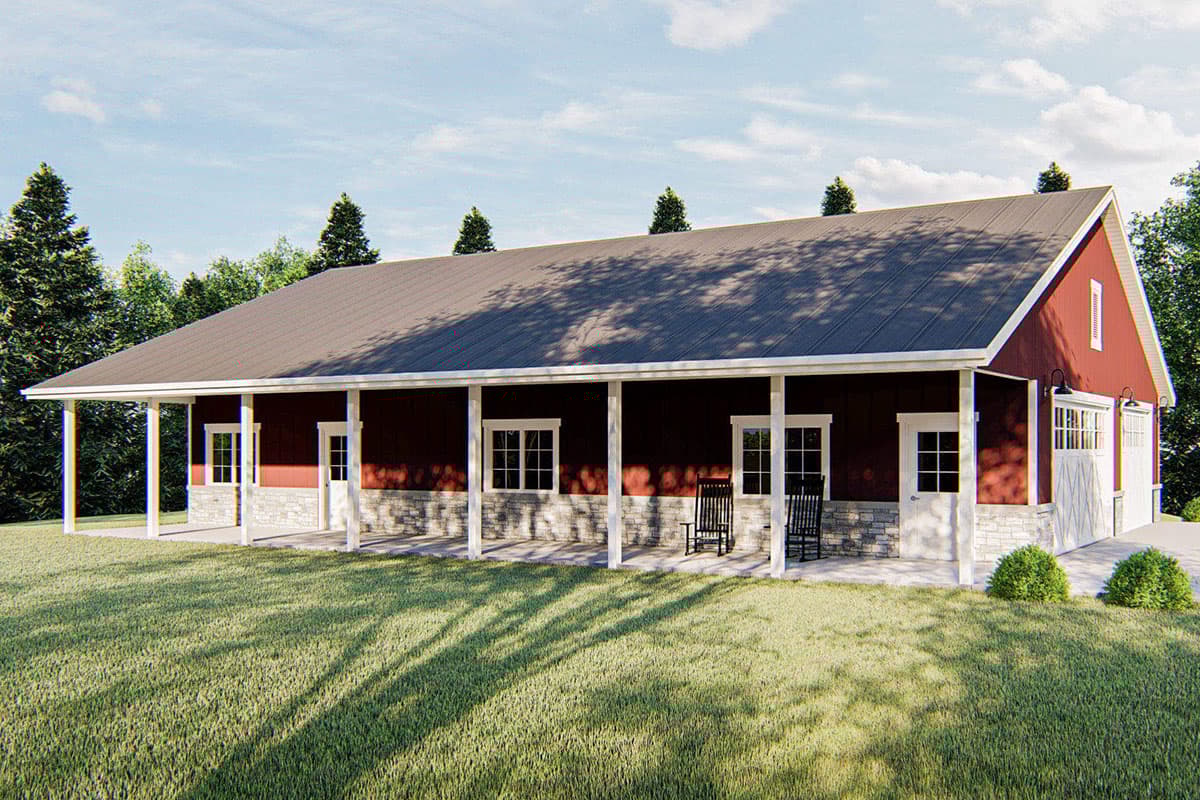 House plan exterior. Red-sided building with covered porch, stone facade, and two-car garage. Metal roof and exposed beams.